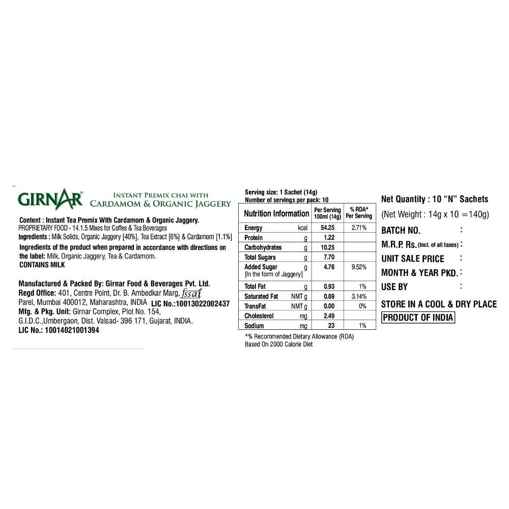 Girnar Instant Cardamom Chai Premix With Organic Jaggery