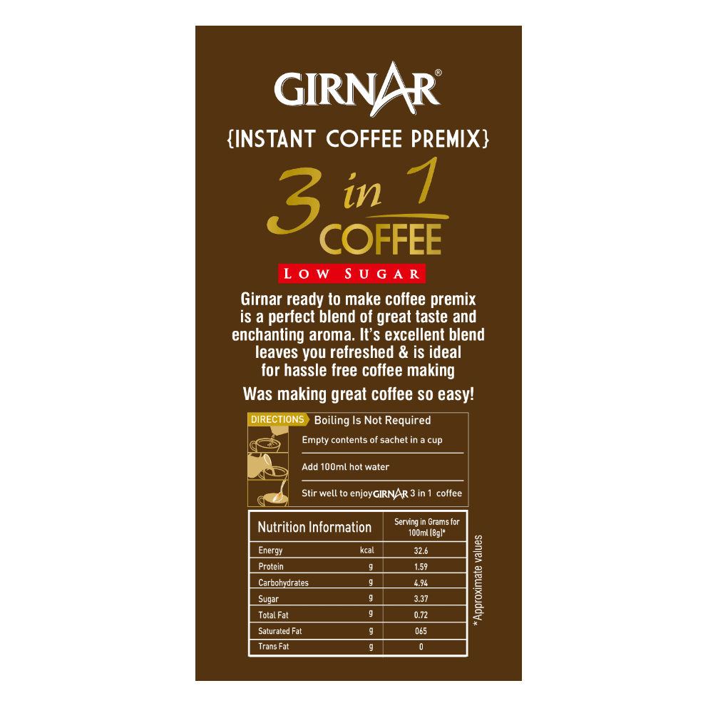 Girnar Instant Coffee 3 In 1 (10 Sachets - Low Sugar)